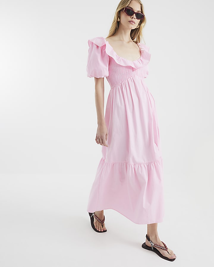 Pink V Neck Frill Midi Dress