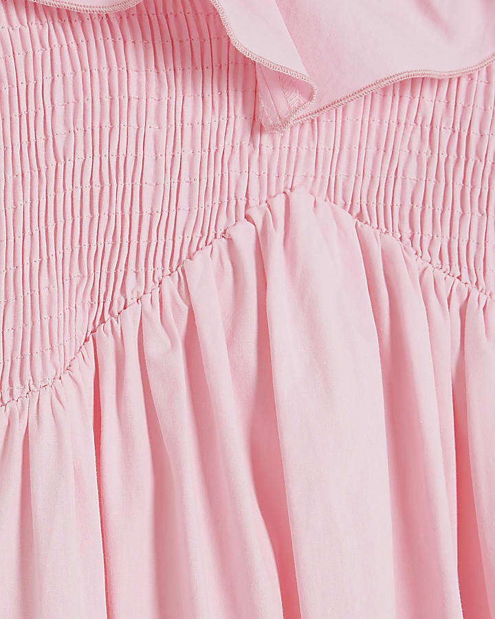 Pink V Neck Frill Midi Dress