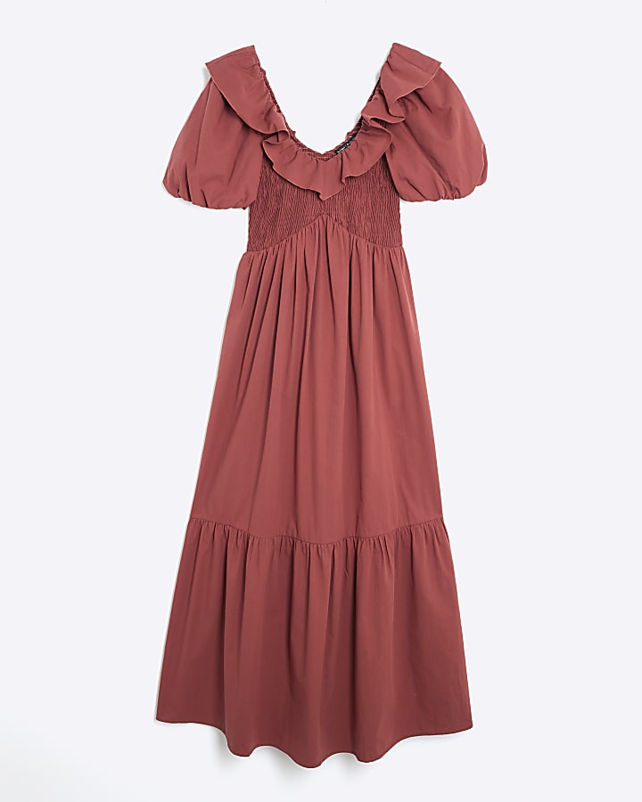 Red Short Sleeve V Neck Frill Midi Dress