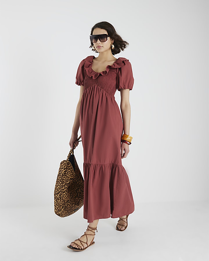 Red Short Sleeve V Neck Frill Midi Dress
