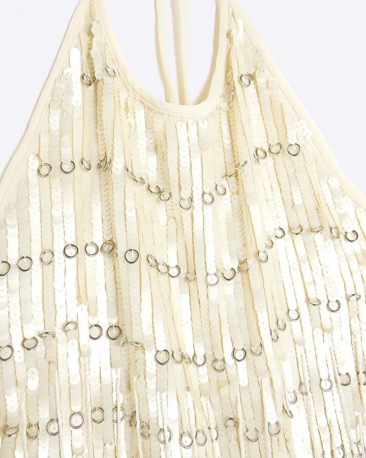 RI Studio White Fringe Sequin Halterneck Top