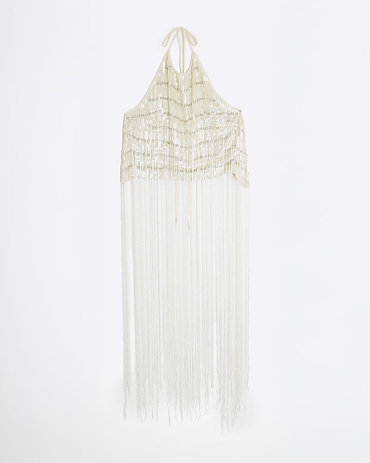 RI Studio White Fringe Sequin Halterneck Top