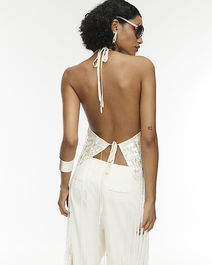 RI Studio White Fringe Sequin Halterneck Top