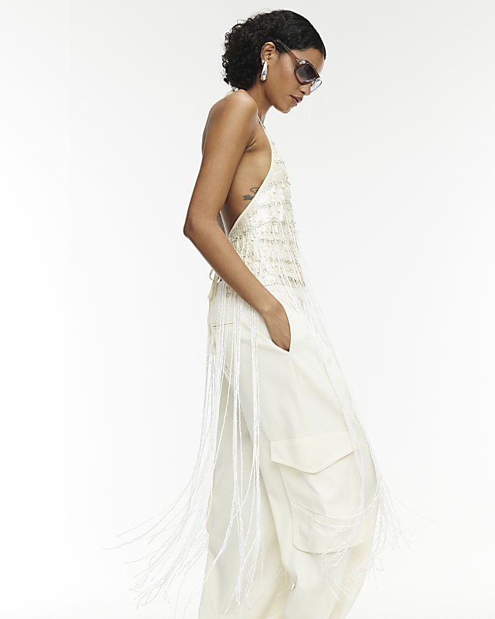 RI Studio White Fringe Sequin Halterneck Top