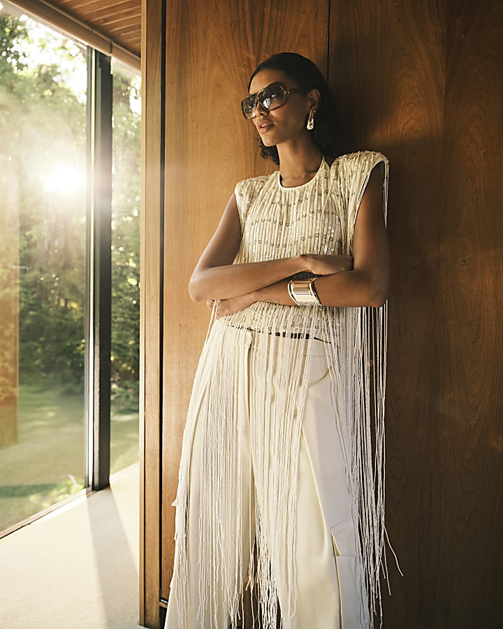 RI Studio White Fringe Sequin Waistcoat