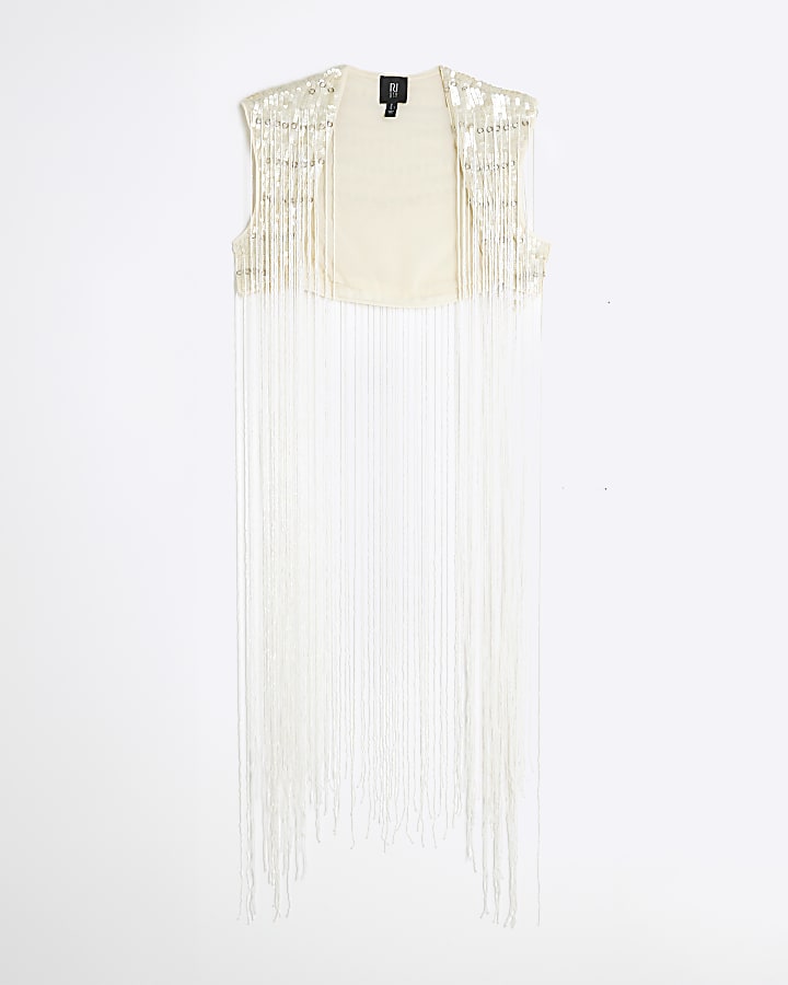 RI Studio White Fringe Sequin Waistcoat