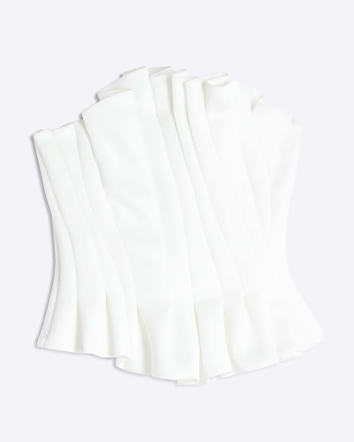 White Sleeveless Pleated Sculpted Bandeau Top