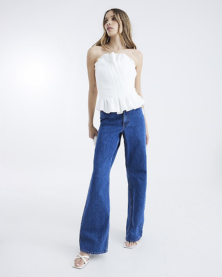 White Sleeveless Pleated Sculpted Bandeau Top
