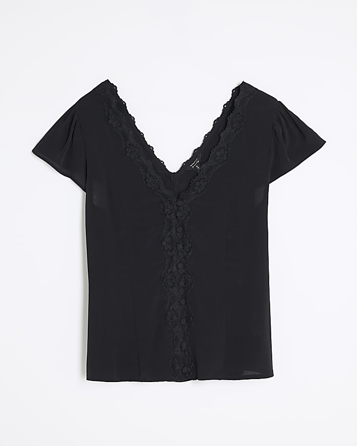 Black Angel Sleeve Floral Lace Blouse