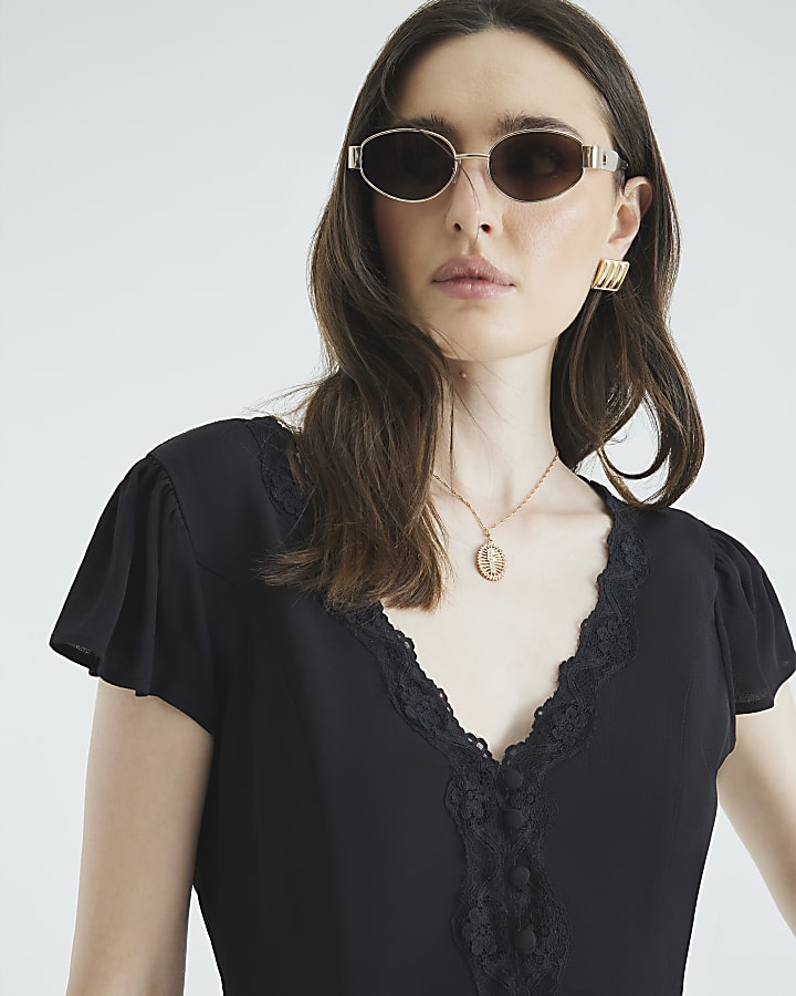 Black Angel Sleeve Floral Lace Blouse
