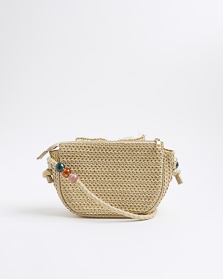Beige 3D Raffia Flower Shoulder Bag