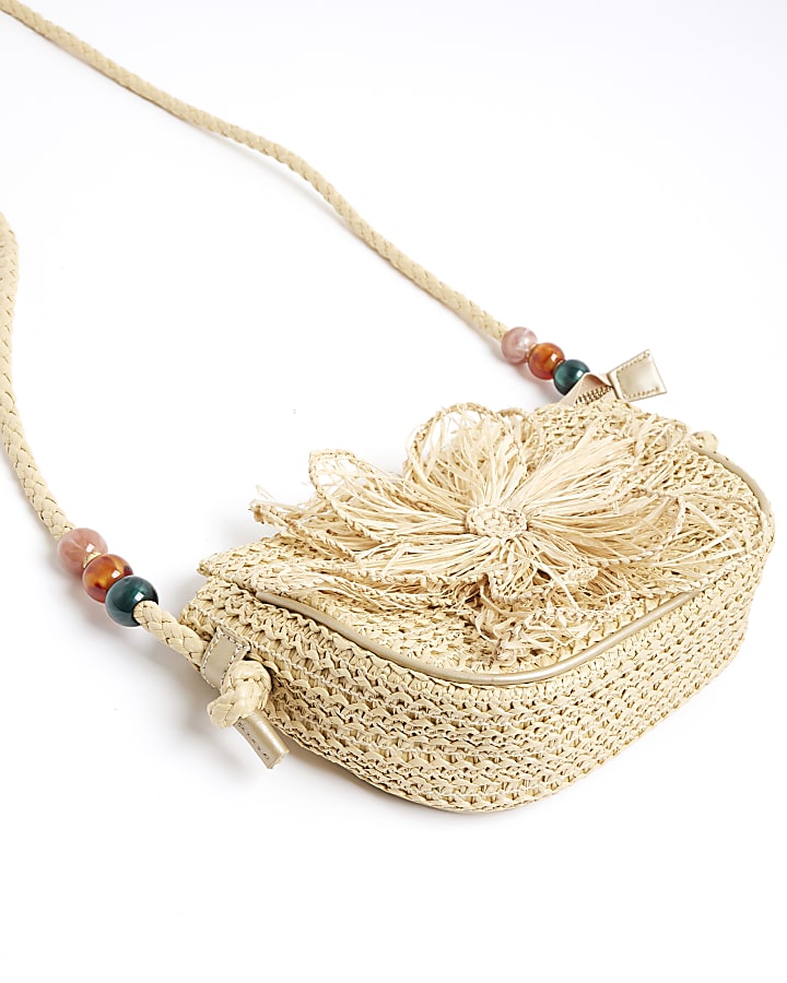 Beige 3D Raffia Flower Shoulder Bag