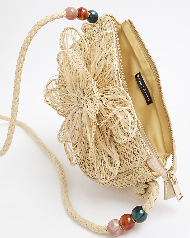 Beige 3D Raffia Flower Shoulder Bag