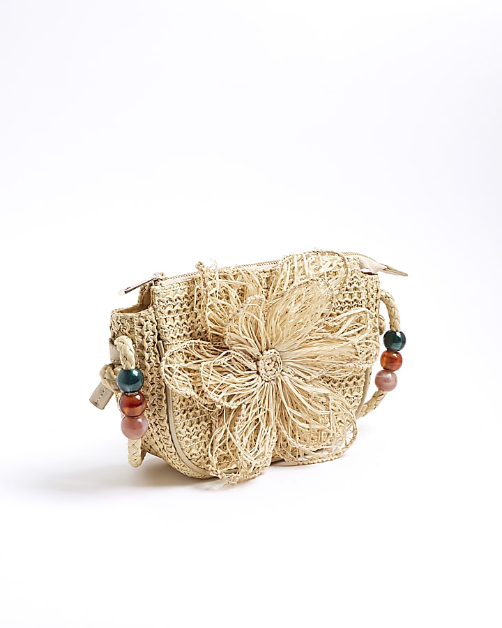 Beige 3D Raffia Flower Shoulder Bag