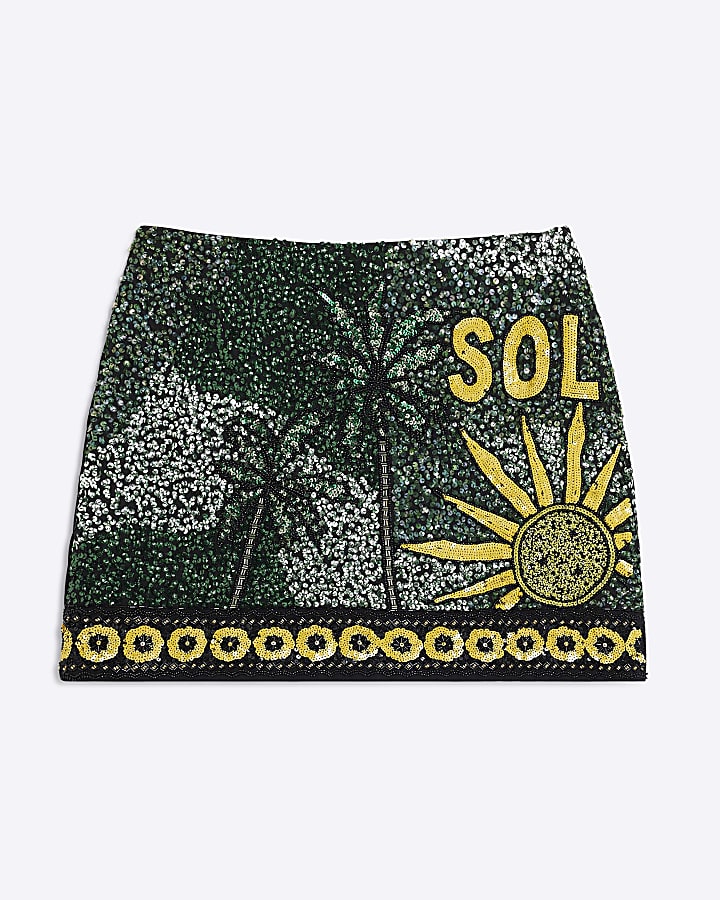 Green Atlas Embroidered Mini Skirt