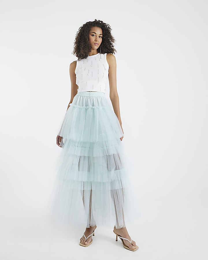 Blue Mesh Tulle Midi Skirt