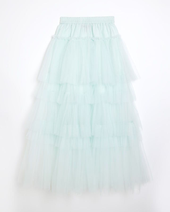Blue Mesh Tulle Midi Skirt