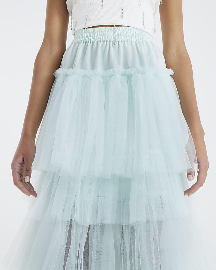 Blue Mesh Tulle Midi Skirt