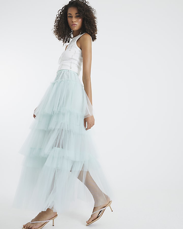 Blue Mesh Tulle Midi Skirt