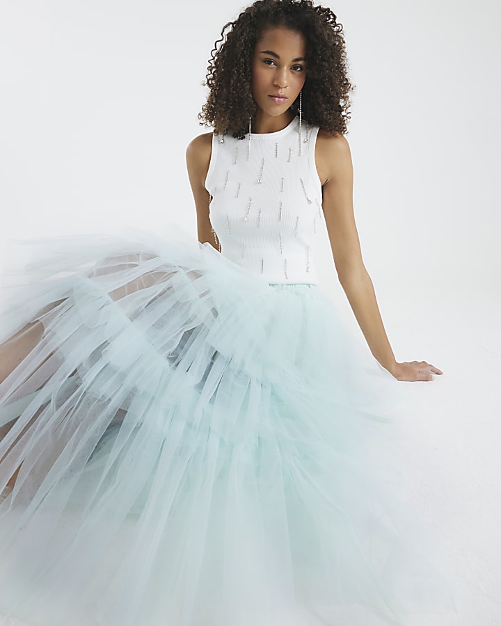 Blue Mesh Tulle Midi Skirt