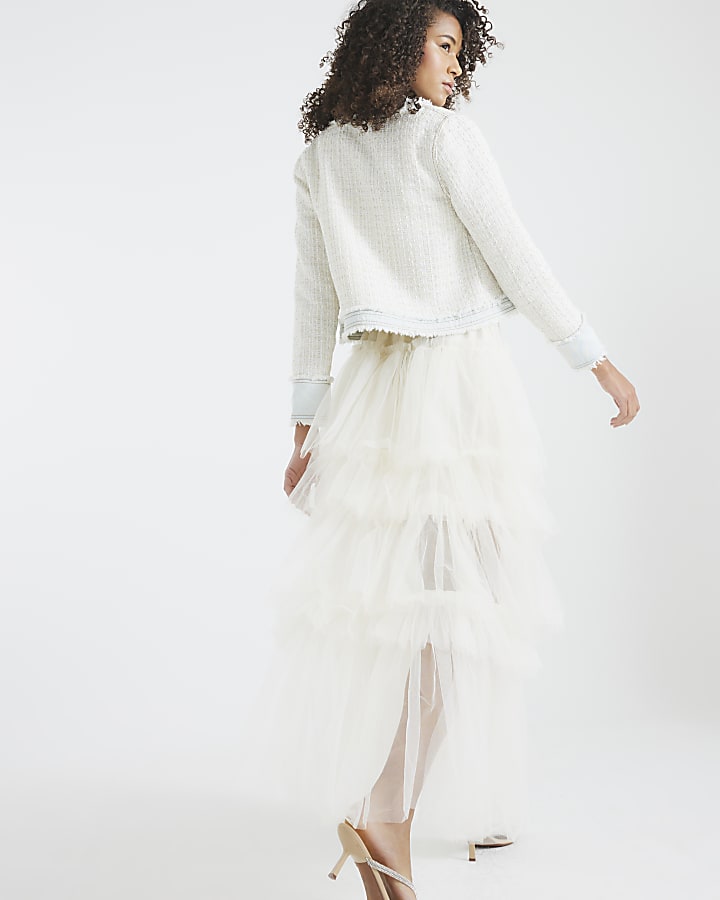 Cream Mesh Tulle Midi Skirt