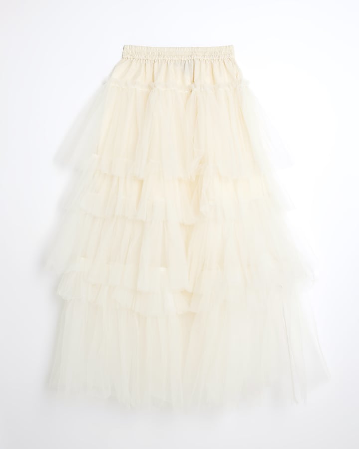 Cream Mesh Tulle Midi Skirt