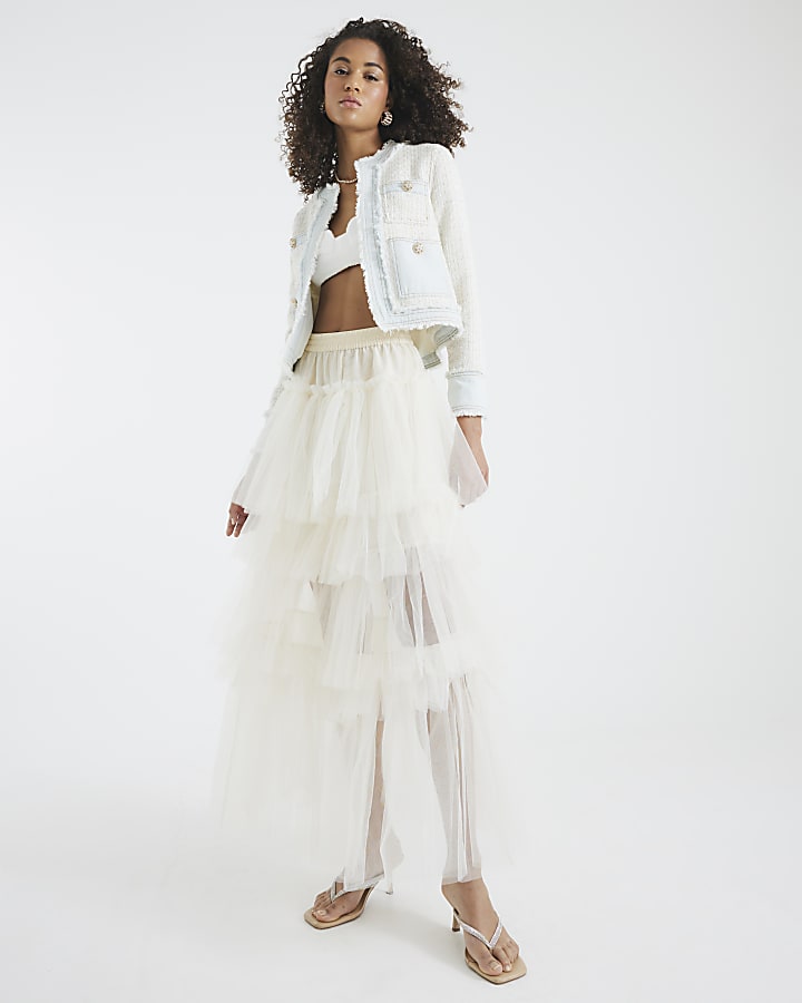 Cream Mesh Tulle Midi Skirt