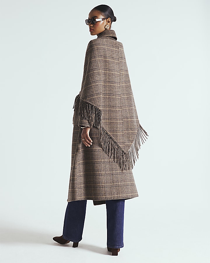 Brown Wool Blend Check Scarf And Trench Coat