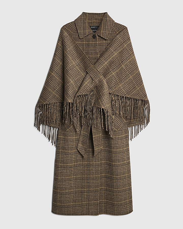 Brown Wool Blend Check Scarf And Trench Coat