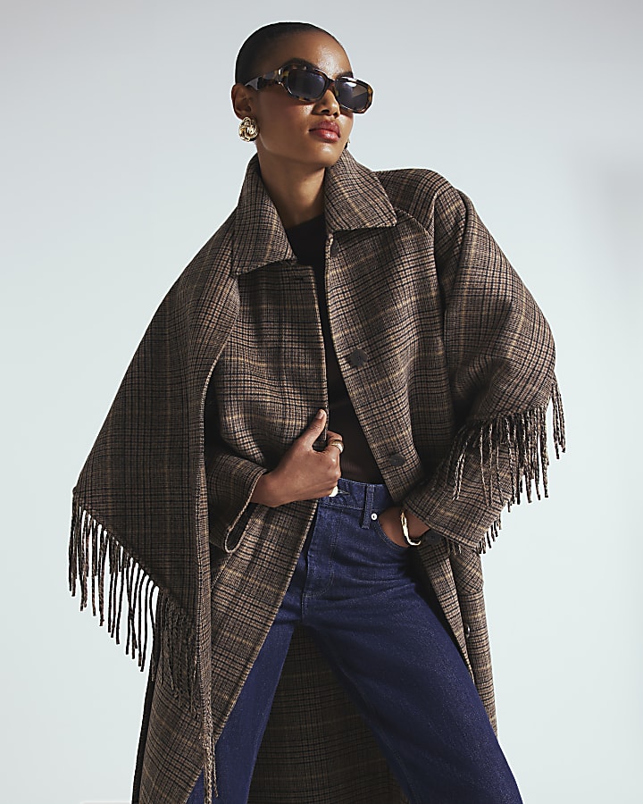 Brown Wool Blend Check Scarf And Trench Coat