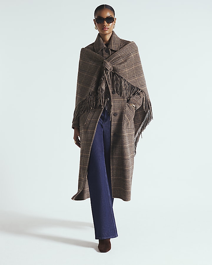 Brown Wool Blend Check Scarf And Trench Coat