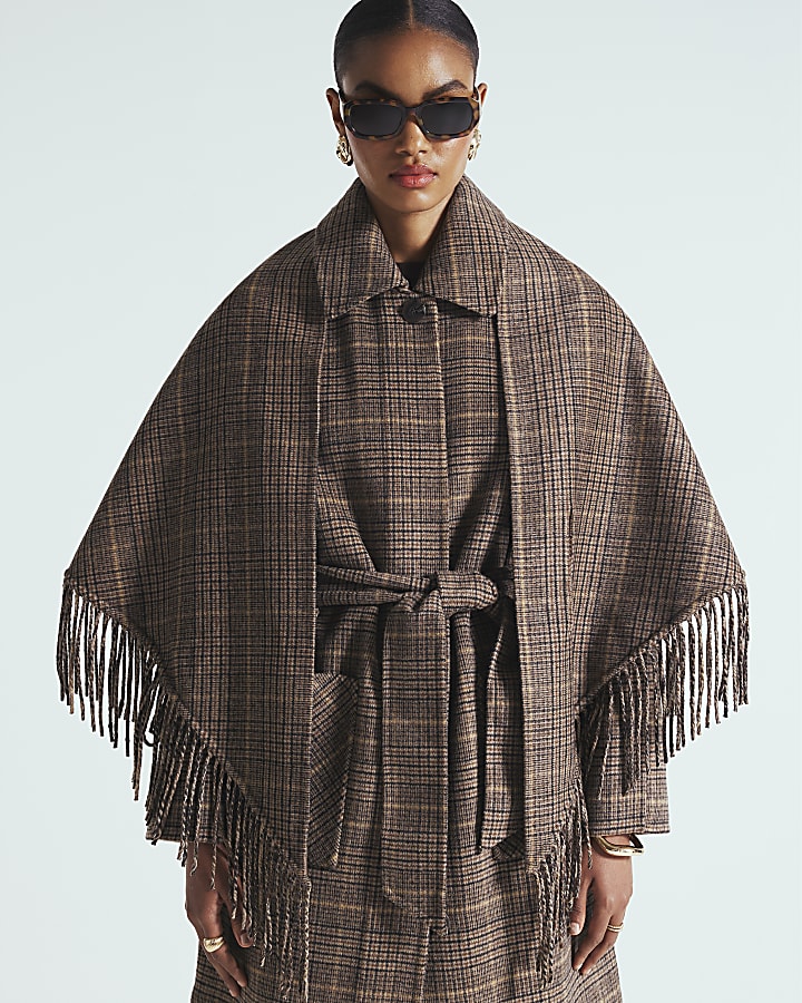 Brown Wool Blend Check Scarf And Trench Coat