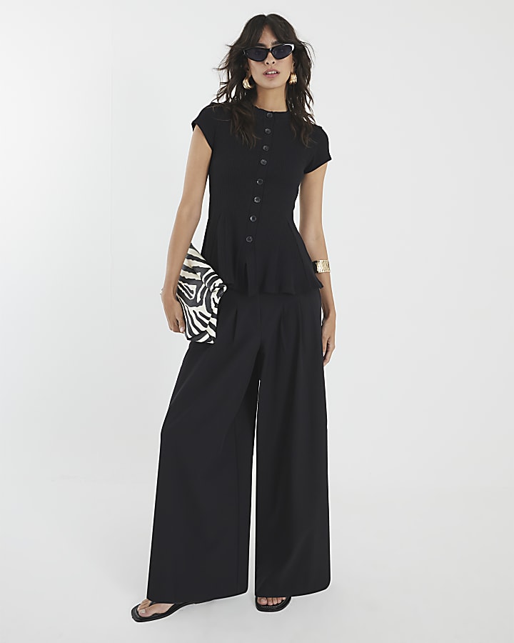 Black Short Sleeve Button Up Peplum Top