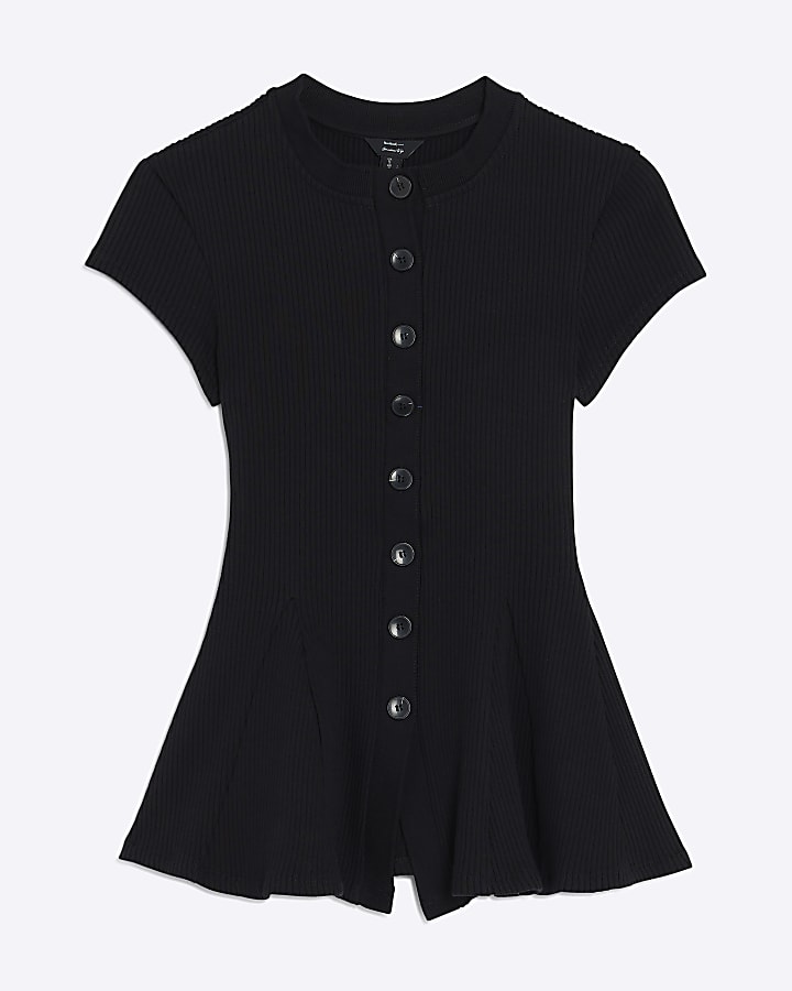Black Short Sleeve Button Up Peplum Top