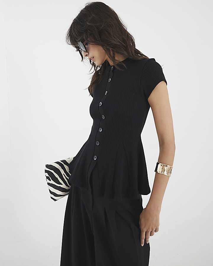 Black Short Sleeve Button Up Peplum Top