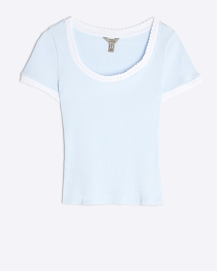 Blue Scoop Neck Scallop T-Shirt