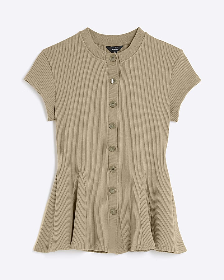 Green Short Sleeve Button Up Peplum Tank Top