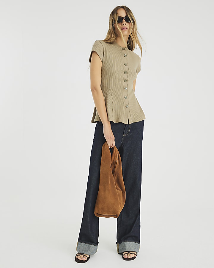 Green Short Sleeve Button Up Peplum Tank Top
