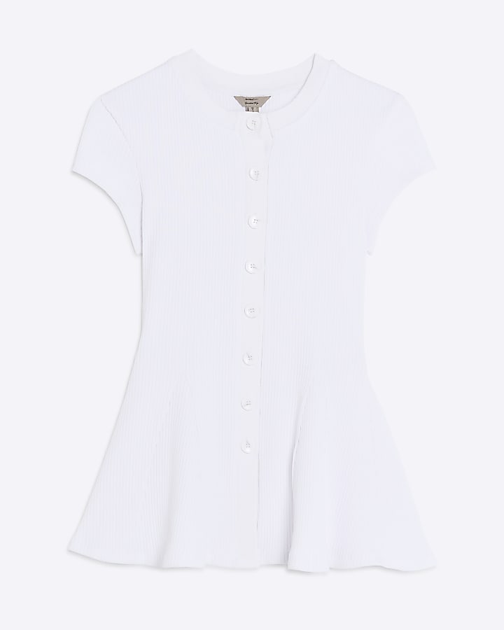White Short Sleeve Button Up Peplum Top