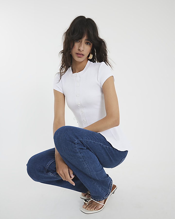 White Short Sleeve Button Up Peplum Top