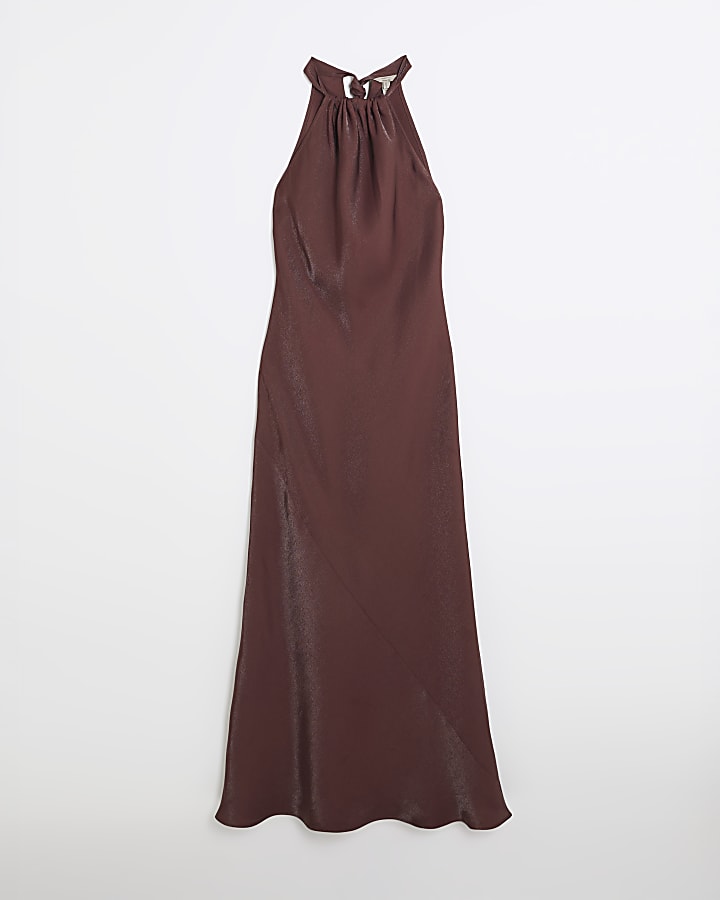 Brown Sleeveless Halter Neck Maxi Dress