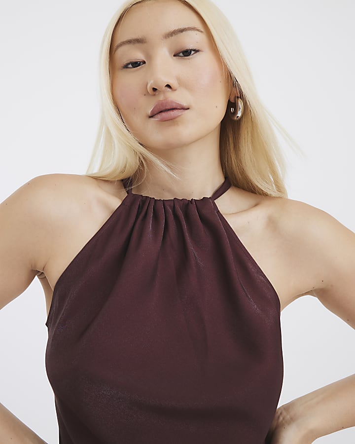 Brown Sleeveless Halter Neck Maxi Dress