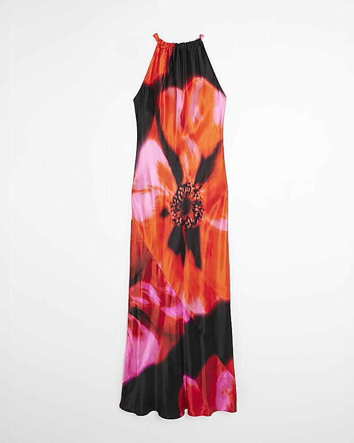 Pink Floral Print Halter Neck Maxi Dress