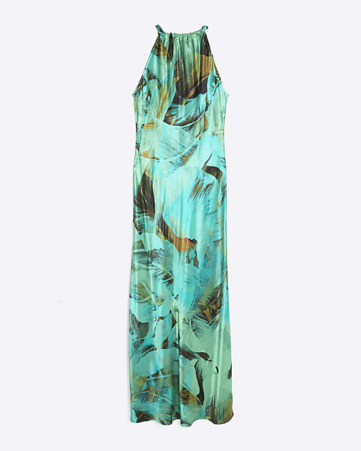 Blue Floral Print Halter Neck Maxi Dress