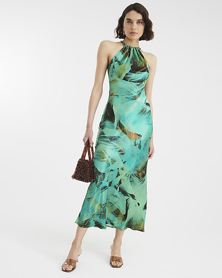Blue Floral Print Halter Neck Maxi Dress