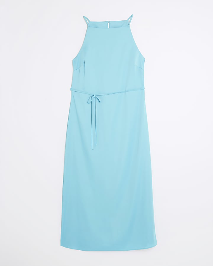 Blue Satin Tie Waist Slip Dress