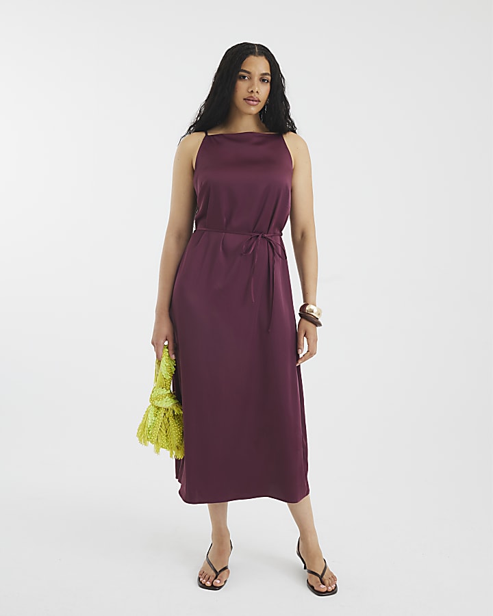 Purple Satin Tie Waist Slip Dress