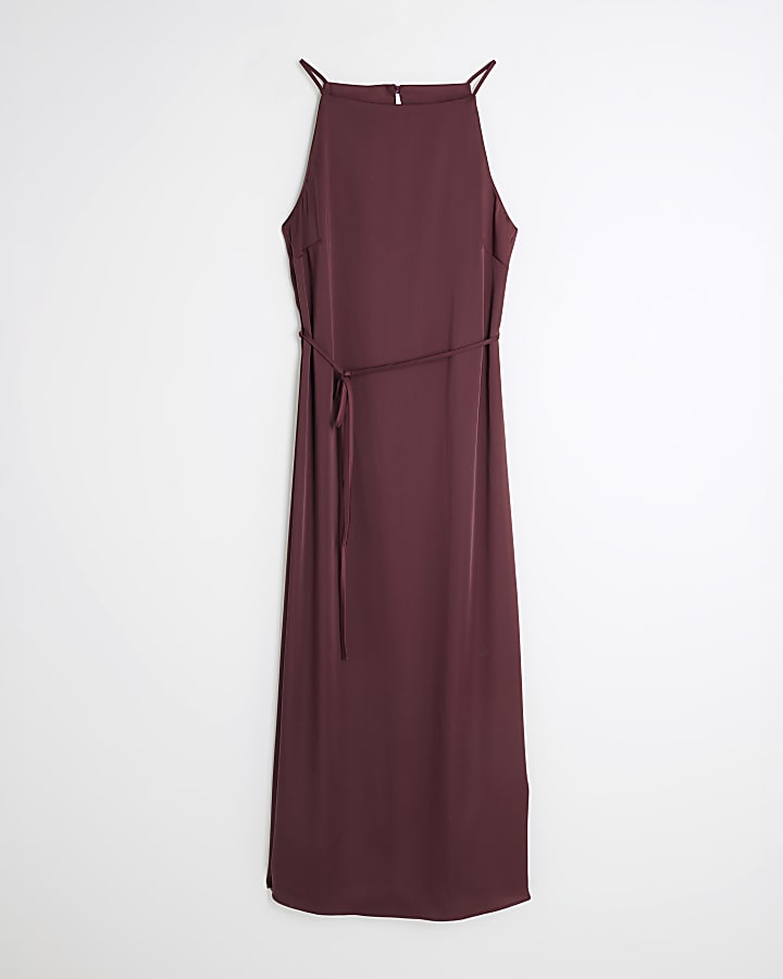 Purple Satin Tie Waist Slip Dress
