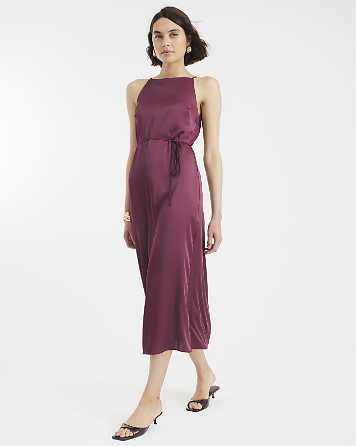 Purple Satin Tie Waist Slip Dress