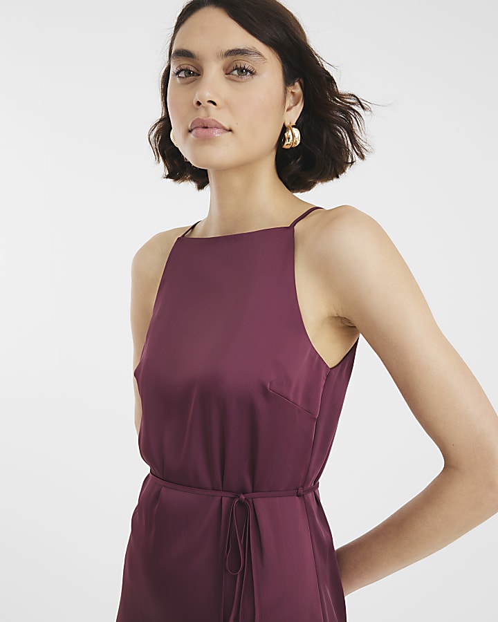 Purple Satin Tie Waist Slip Dress